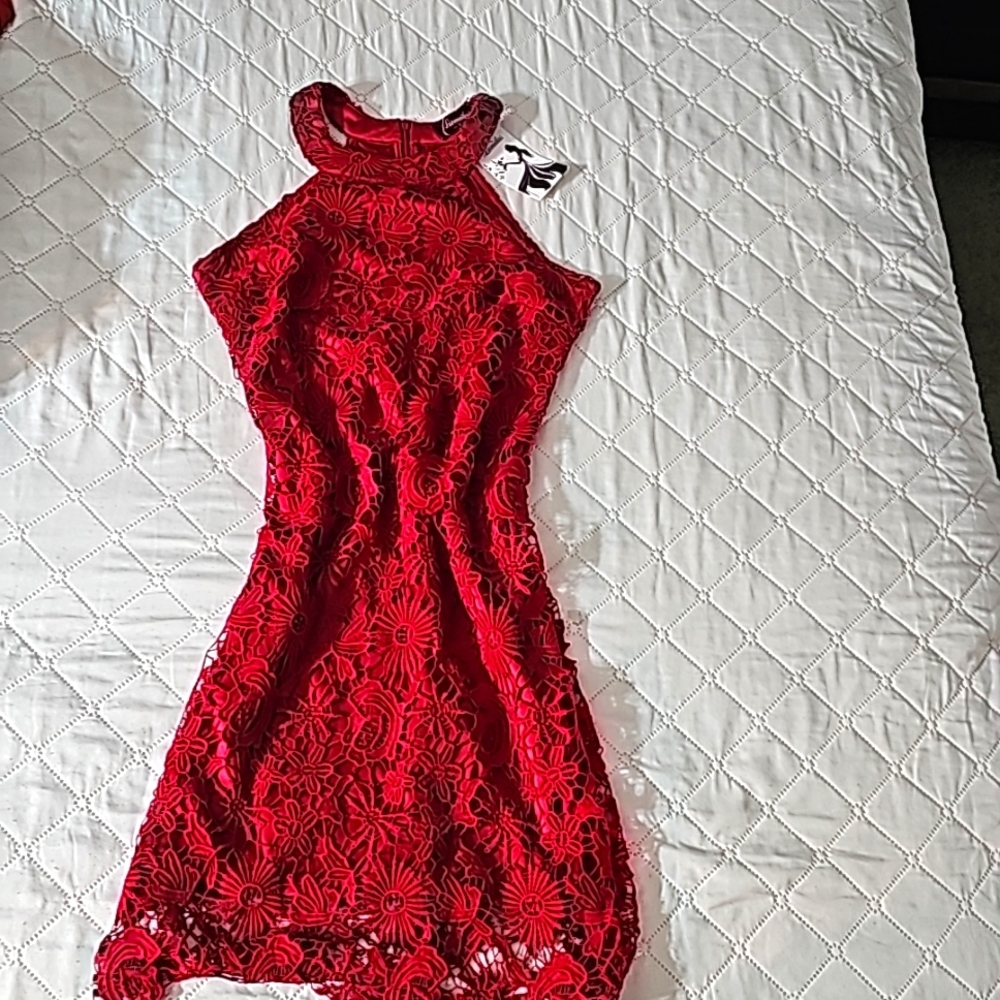 Lamilus Women's Casual Sleeveless Halter Neck Party Lace Mini Dress Small